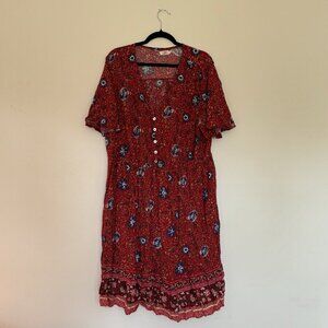 Vintage Red Floral Patterned Midi Dress
